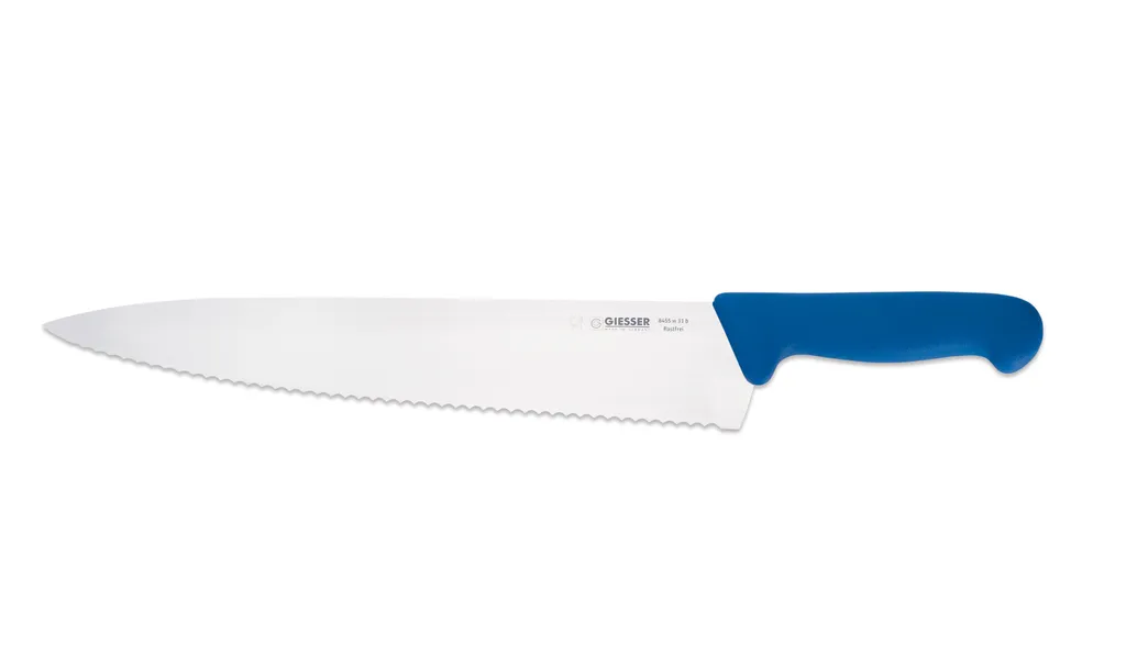 Giesser Messer Küchenmesser Kochmesser mittelspitz breit scharf - 31cm Wellenschliff 6mm blau